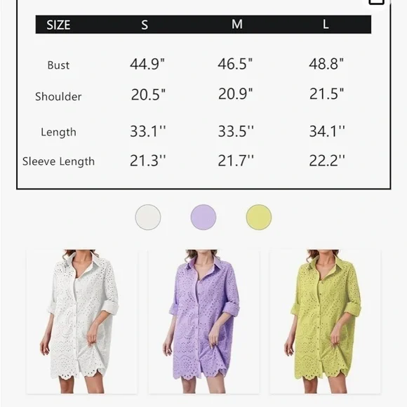 Embroidery Eyelet Shirt Dress Button Down Long Sleeve  Mini Shirt Dress new - Picture 3 of 7